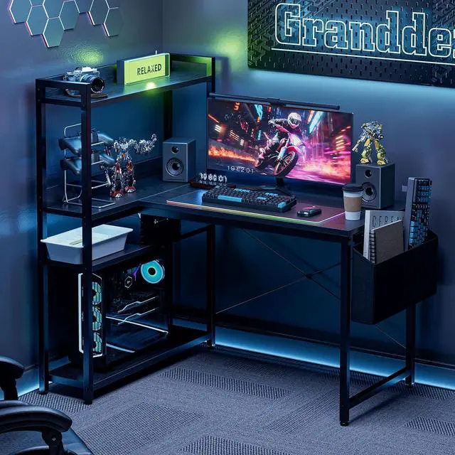 Alt view image 2 of 7 - Grandder 47 Inch L Shaped Computer Desk with Reversible Storage Shelves, Home Office Corner Desk Study Writing Table with Hutch, Study, Black