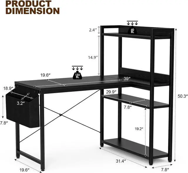 Alt view image 3 of 7 - Grandder 47 Inch L Shaped Computer Desk with Reversible Storage Shelves, Home Office Corner Desk Study Writing Table with Hutch, Study, Black