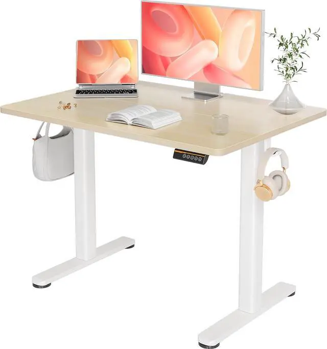 Main image of YDN Electric Standing Desk Adjustable Height, 40 x 24 Inches Stand up Desk with Cable Management, Home Office Desks with Splice Board & White Frame, Nature Top