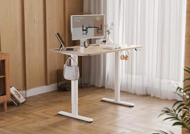 Alt view image 2 of 7 - YDN Electric Standing Desk Adjustable Height, 40 x 24 Inches Stand up Desk with Cable Management, Home Office Desks with Splice Board & White Frame, Nature Top