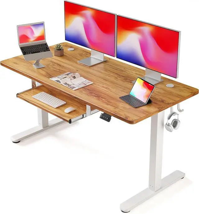 Main image of FEZIBO Standing Desk with Keyboard Tray, 55 x 24 Inch Adjustable Height Sit Stand Desk with Memory Presets for Home Office, Ergonomic Computer Workstation, Light Rustic
