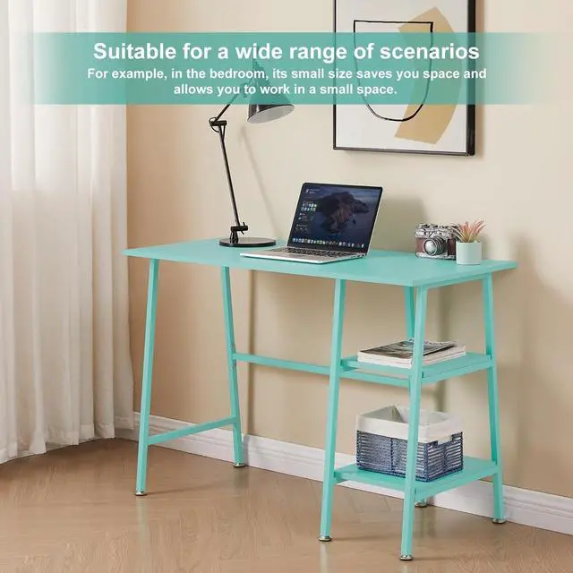 Alt view image 4 of 7 - VECELO 43 Inch Computer Desk Writing Study Work Office Table Modern Desk with Shelves Wooden Desk for Home Bedroom,Blue Desk