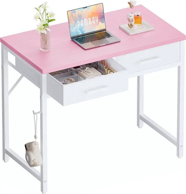 Main image of Pamray 32 Inch Small Computer Desk with 2 Drawers for Bedroom Study Writing Home Office Table for Small Spaces Pink