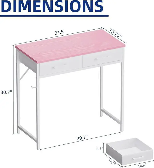 Alt view image 3 of 6 - Pamray 32 Inch Small Computer Desk with 2 Drawers for Bedroom Study Writing Home Office Table for Small Spaces Pink