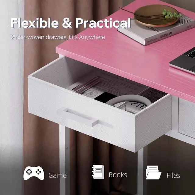 Alt view image 6 of 6 - Pamray 32 Inch Small Computer Desk with 2 Drawers for Bedroom Study Writing Home Office Table for Small Spaces Pink