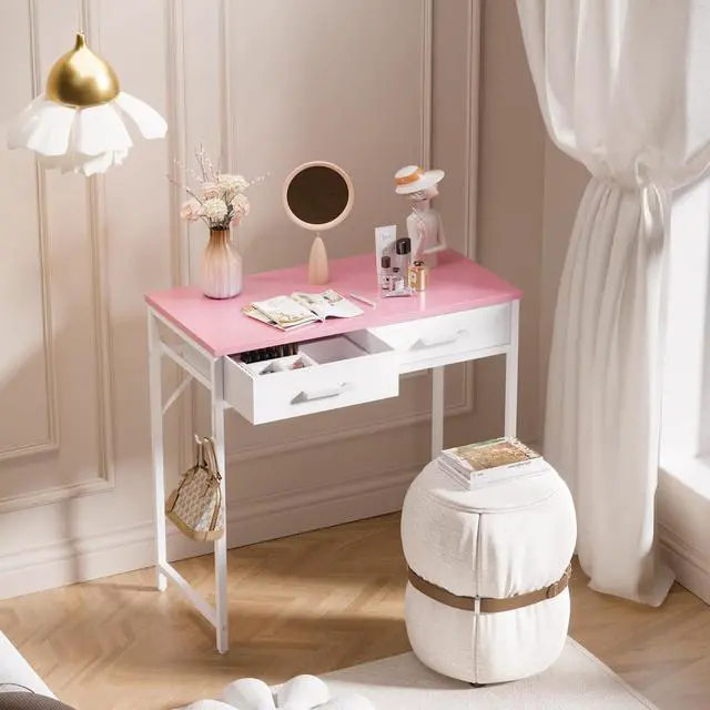 Alt view image 2 of 6 - Pamray 32 Inch Small Computer Desk with 2 Drawers for Bedroom Study Writing Home Office Table for Small Spaces Pink