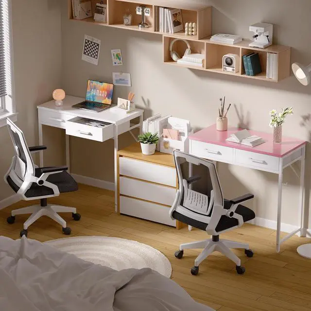 Alt view image 4 of 6 - Pamray 32 Inch Small Computer Desk with 2 Drawers for Bedroom Study Writing Home Office Table for Small Spaces Pink