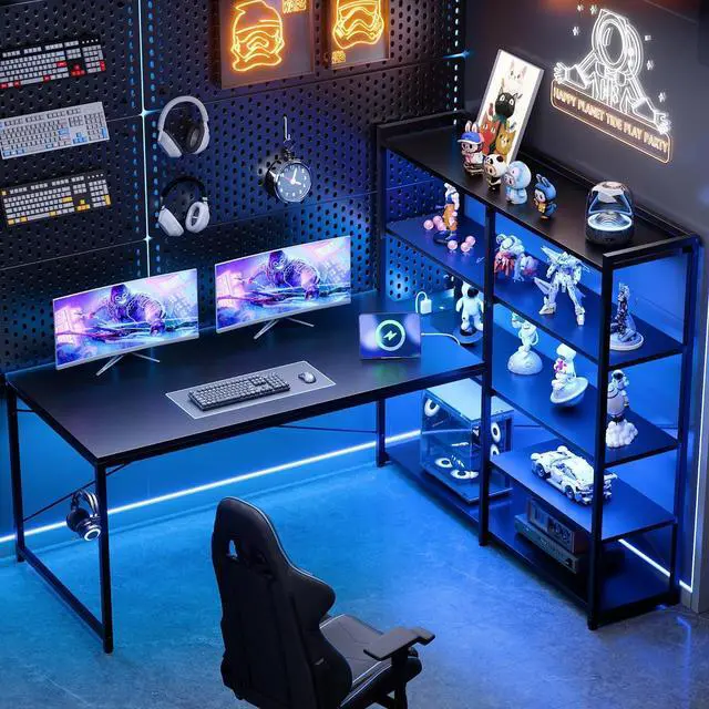 Main image of Pamray L Shaped Computer Desk with Reversible Side Storage Shelves, 49 Inch Gaming Desk with Power Outlets and Led Lights, PC Table for Home Office and Bedroom Black