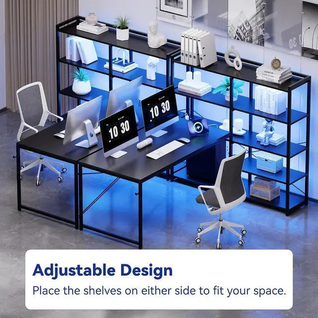 Alt view image 2 of 6 - Pamray L Shaped Computer Desk with Reversible Side Storage Shelves, 49 Inch Gaming Desk with Power Outlets and Led Lights, PC Table for Home Office and Bedroom Black