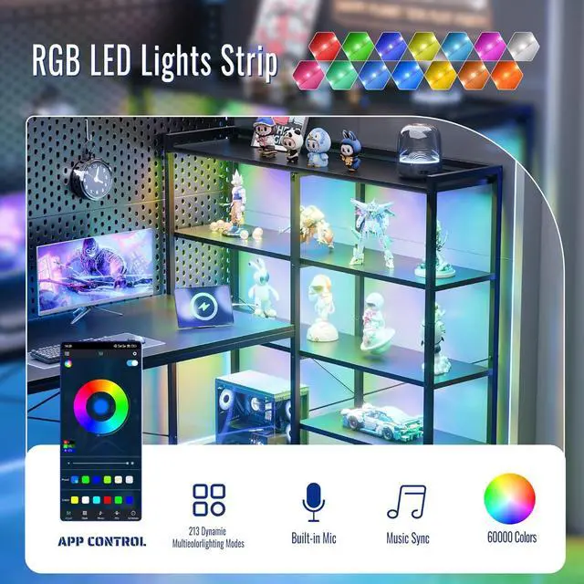 Alt view image 3 of 6 - Pamray L Shaped Computer Desk with Reversible Side Storage Shelves, 49 Inch Gaming Desk with Power Outlets and Led Lights, PC Table for Home Office and Bedroom Black