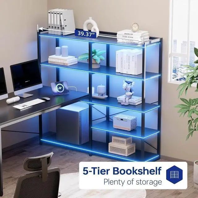 Alt view image 4 of 6 - Pamray L Shaped Computer Desk with Reversible Side Storage Shelves, 49 Inch Gaming Desk with Power Outlets and Led Lights, PC Table for Home Office and Bedroom Black