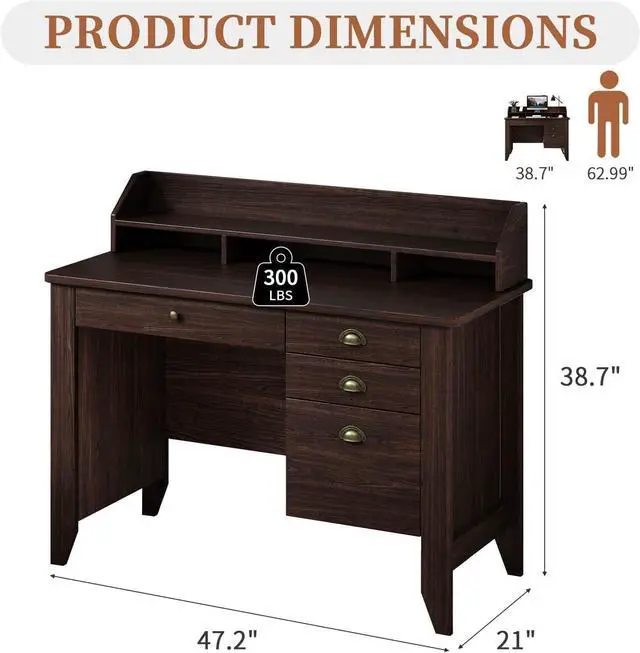 Alt view image 2 of 7 - 4 EVER WINNER Small Desk with Drawers, Office Desk with File Drawer and Monitor Stand, Writing Desk Study Table for Small Spaces, Espresso