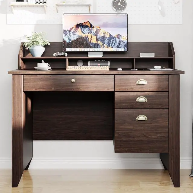Alt view image 7 of 7 - 4 EVER WINNER Small Desk with Drawers, Office Desk with File Drawer and Monitor Stand, Writing Desk Study Table for Small Spaces, Espresso
