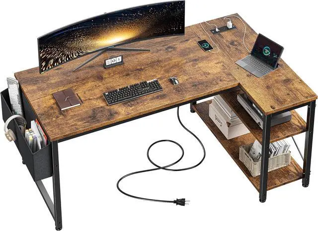 Main image of EnHomee 48 Inch L Shaped Computer Desk with Storage Shelves & Side Bag, Office Desk with Power Outlets, Small Corner Desk for Gaming Working Small Space Home Office Bedroom, Study Writing Table, Brown
