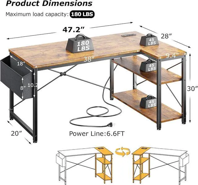 Alt view image 3 of 7 - EnHomee 48 Inch L Shaped Computer Desk with Storage Shelves & Side Bag, Office Desk with Power Outlets, Small Corner Desk for Gaming Working Small Space Home Office Bedroom, Study Writing Table, Brown