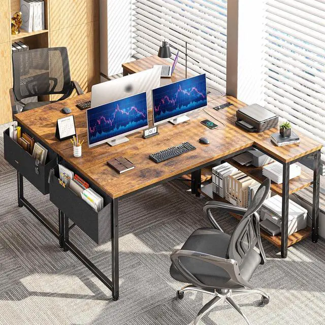 Alt view image 4 of 7 - EnHomee 48 Inch L Shaped Computer Desk with Storage Shelves & Side Bag, Office Desk with Power Outlets, Small Corner Desk for Gaming Working Small Space Home Office Bedroom, Study Writing Table, Brown