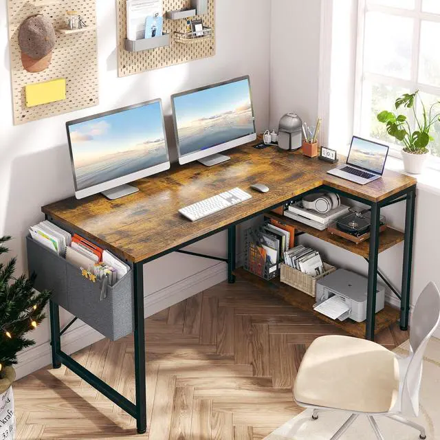 Alt view image 2 of 7 - EnHomee 48 Inch L Shaped Computer Desk with Storage Shelves & Side Bag, Office Desk with Power Outlets, Small Corner Desk for Gaming Working Small Space Home Office Bedroom, Study Writing Table, Brown