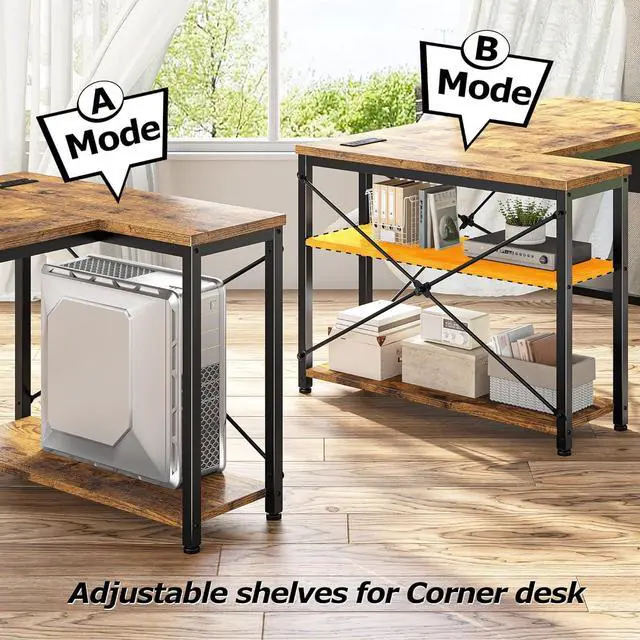 Alt view image 5 of 7 - EnHomee 48 Inch L Shaped Computer Desk with Storage Shelves & Side Bag, Office Desk with Power Outlets, Small Corner Desk for Gaming Working Small Space Home Office Bedroom, Study Writing Table, Brown