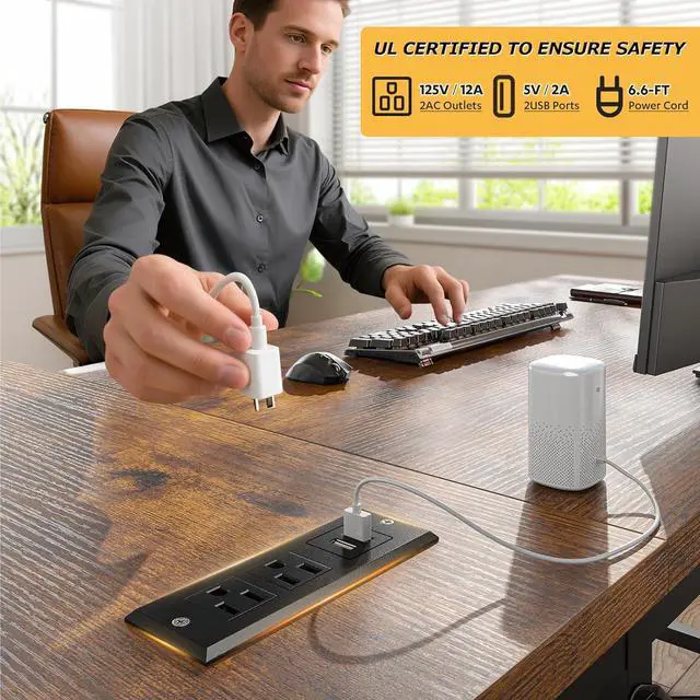 Alt view image 6 of 7 - EnHomee 48 Inch L Shaped Computer Desk with Storage Shelves & Side Bag, Office Desk with Power Outlets, Small Corner Desk for Gaming Working Small Space Home Office Bedroom, Study Writing Table, Brown