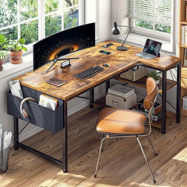 Alt view image 7 of 7 - EnHomee 48 Inch L Shaped Computer Desk with Storage Shelves & Side Bag, Office Desk with Power Outlets, Small Corner Desk for Gaming Working Small Space Home Office Bedroom, Study Writing Table, Brown