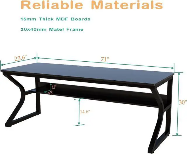 Alt view image 2 of 7 - Extra Long Desk with Bookshelf - 71" Double Long Writing Table for 2-Person Workstation, Modern Study Work Computer Desk for Home and Office, Black