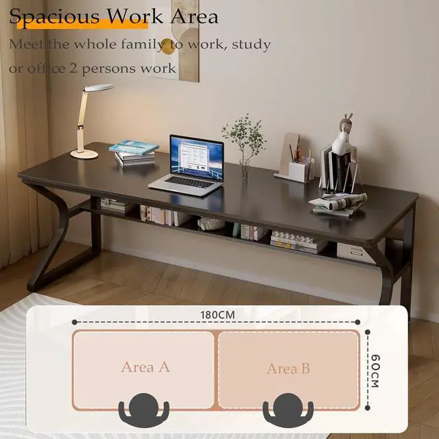 Alt view image 3 of 7 - Extra Long Desk with Bookshelf - 71" Double Long Writing Table for 2-Person Workstation, Modern Study Work Computer Desk for Home and Office, Black