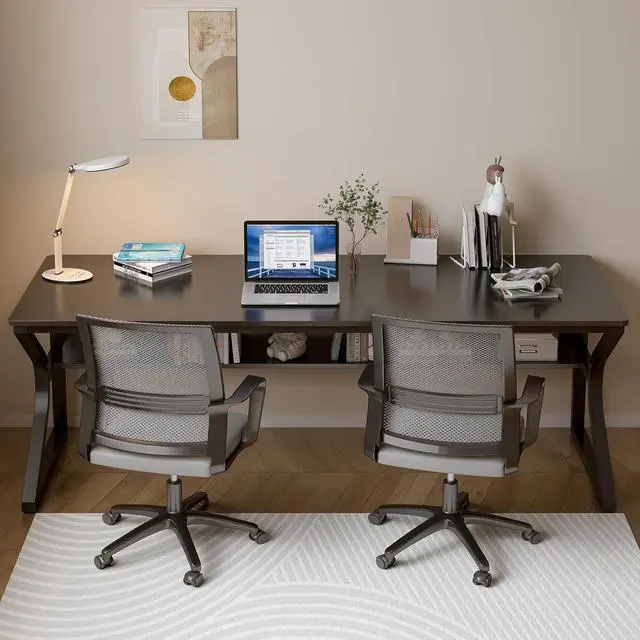 Alt view image 6 of 7 - Extra Long Desk with Bookshelf - 71" Double Long Writing Table for 2-Person Workstation, Modern Study Work Computer Desk for Home and Office, Black