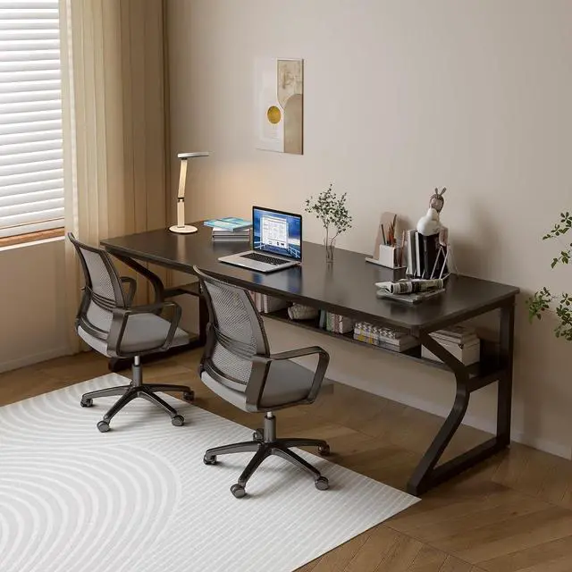 Alt view image 7 of 7 - Extra Long Desk with Bookshelf - 71" Double Long Writing Table for 2-Person Workstation, Modern Study Work Computer Desk for Home and Office, Black