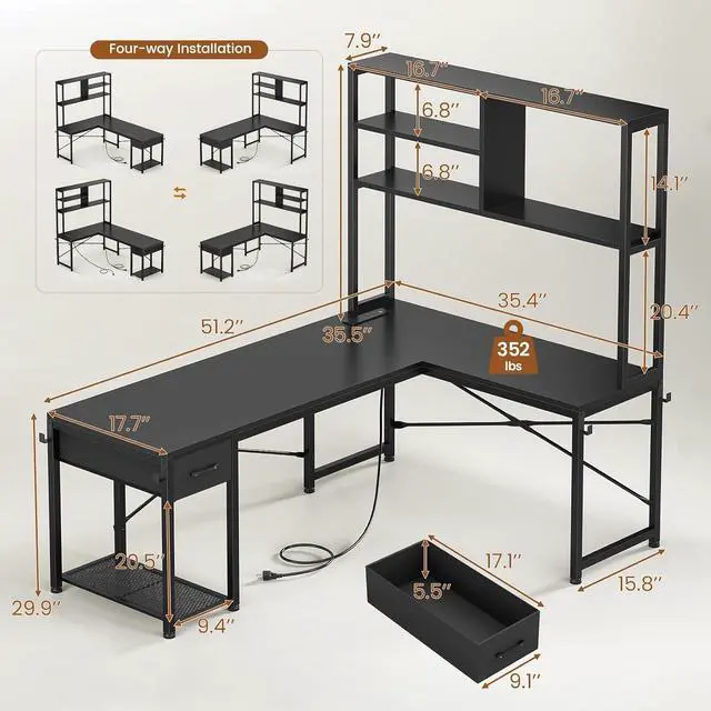 Alt view image 2 of 7 - SEDETA L Shaped Gaming Desk, 51.2" Reversible Small Corner Desk with Drawer, Power Outlet & LED Lights, Computer Desk with Storage Shelves for Small Space, Black