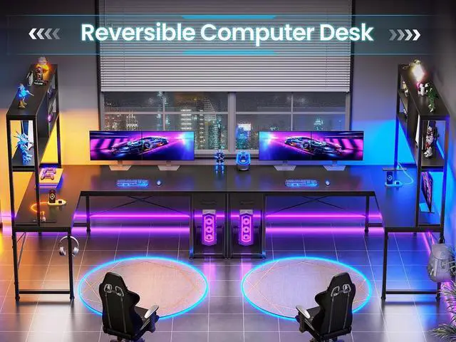 Alt view image 3 of 7 - SEDETA L Shaped Gaming Desk, 51.2" Reversible Small Corner Desk with Drawer, Power Outlet & LED Lights, Computer Desk with Storage Shelves for Small Space, Black