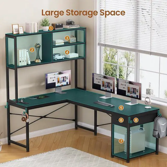 Alt view image 4 of 7 - SEDETA L Shaped Gaming Desk, 51.2" Reversible Small Corner Desk with Drawer, Power Outlet & LED Lights, Computer Desk with Storage Shelves for Small Space, Black