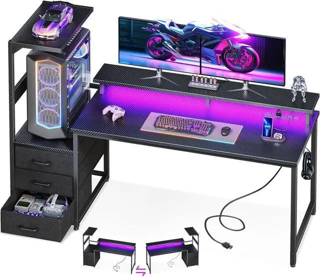 Main image of AODK 59 Inch Gaming Desk with USB Charging Ports & LED Light- Reversible Computer Desk with Storage Shelves & Monitor Stand, Modern Gamer Desk Table with Fabric Drawers & Side Hook, Carbon Fiber Black