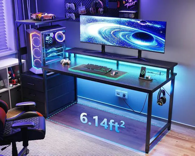 Alt view image 2 of 7 - AODK 59 Inch Gaming Desk with USB Charging Ports & LED Light- Reversible Computer Desk with Storage Shelves & Monitor Stand, Modern Gamer Desk Table with Fabric Drawers & Side Hook, Carbon Fiber Black