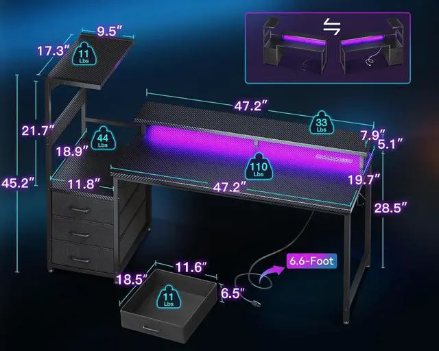 Alt view image 3 of 7 - AODK 59 Inch Gaming Desk with USB Charging Ports & LED Light- Reversible Computer Desk with Storage Shelves & Monitor Stand, Modern Gamer Desk Table with Fabric Drawers & Side Hook, Carbon Fiber Black