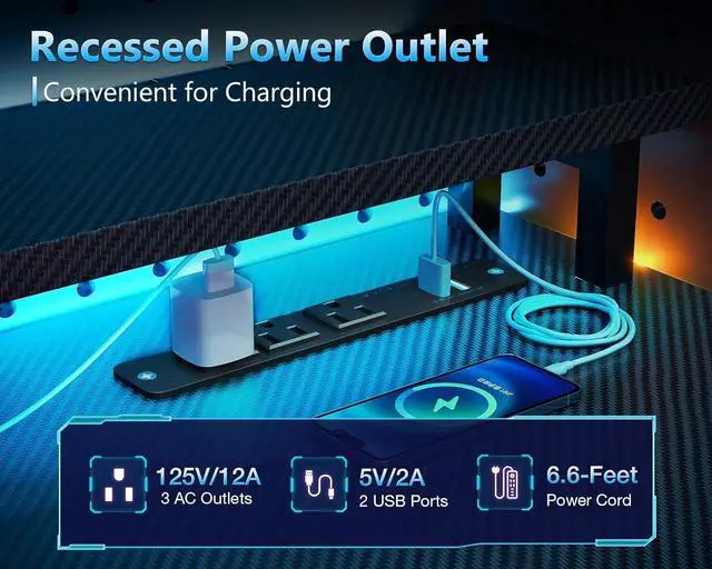 Alt view image 4 of 7 - AODK 59 Inch Gaming Desk with USB Charging Ports & LED Light- Reversible Computer Desk with Storage Shelves & Monitor Stand, Modern Gamer Desk Table with Fabric Drawers & Side Hook, Carbon Fiber Black