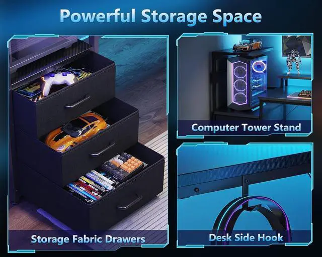 Alt view image 6 of 7 - AODK 59 Inch Gaming Desk with USB Charging Ports & LED Light- Reversible Computer Desk with Storage Shelves & Monitor Stand, Modern Gamer Desk Table with Fabric Drawers & Side Hook, Carbon Fiber Black