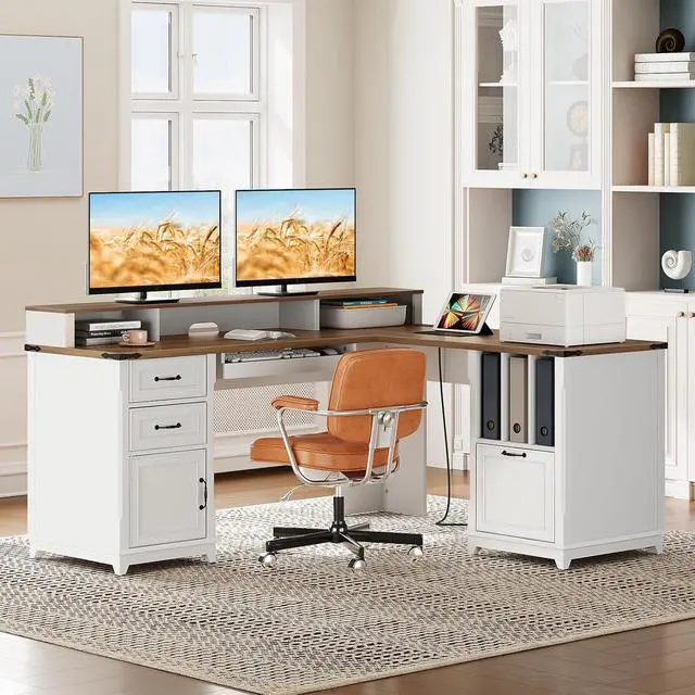 Main image of Farmhouse 69" Executive L Shaped Desk with Drawer, Home Office Desk with Charging Station, Corner Computer Desk with Monitor Stand, File Drawer, Storage Cabinet, White and Walnut