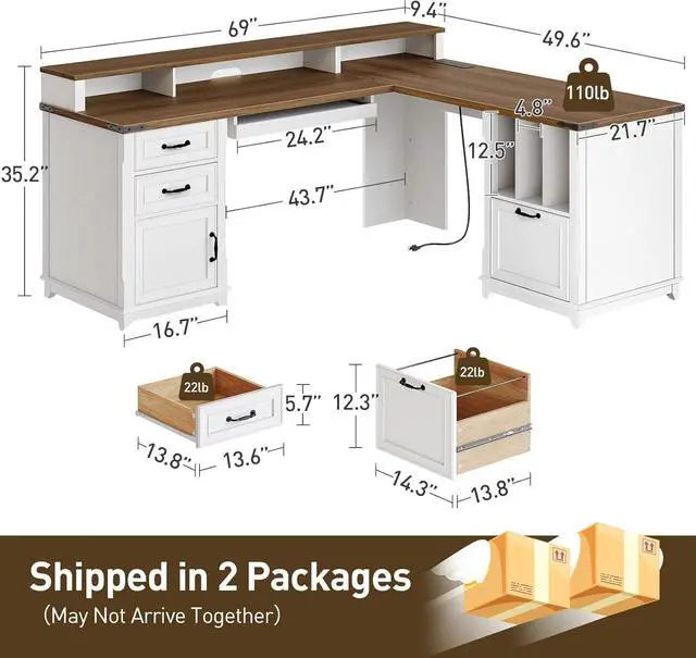 Alt view image 2 of 7 - Farmhouse 69" Executive L Shaped Desk with Drawer, Home Office Desk with Charging Station, Corner Computer Desk with Monitor Stand, File Drawer, Storage Cabinet, White and Walnut