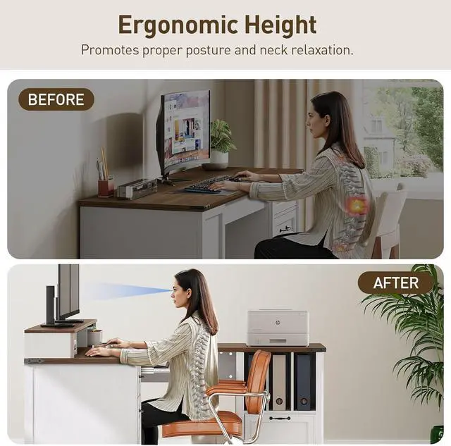 Alt view image 4 of 7 - Farmhouse 69" Executive L Shaped Desk with Drawer, Home Office Desk with Charging Station, Corner Computer Desk with Monitor Stand, File Drawer, Storage Cabinet, White and Walnut