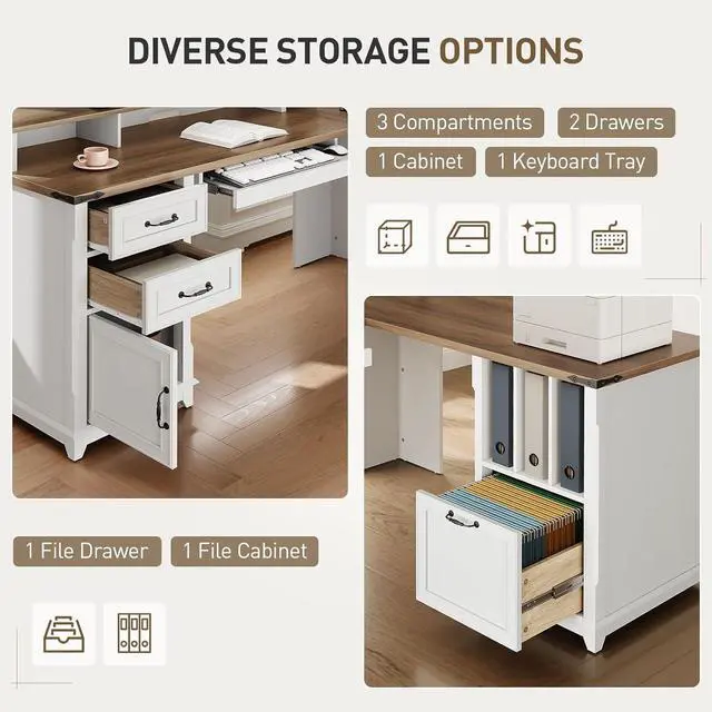 Alt view image 5 of 7 - Farmhouse 69" Executive L Shaped Desk with Drawer, Home Office Desk with Charging Station, Corner Computer Desk with Monitor Stand, File Drawer, Storage Cabinet, White and Walnut