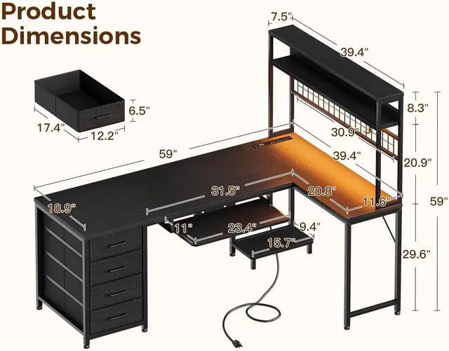 Alt view image 3 of 7 - AODK 59 Inch L Shaped Desk with 4 Drawers, Reverisble Computer Desk with Keyboard Tray & Pegboard, Home Office Desk with Storage Shelves & CPU Stand, Gaming Desk with Led Lights & Power Outlets, Black