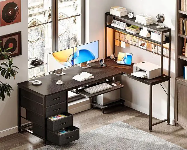Alt view image 2 of 7 - AODK 59 Inch L Shaped Desk with 4 Drawers, Reverisble Computer Desk with Keyboard Tray & Pegboard, Home Office Desk with Storage Shelves & CPU Stand, Gaming Desk with Led Lights & Power Outlets, Black
