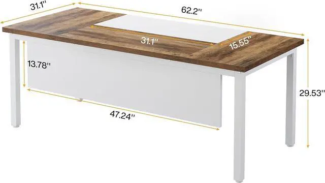 Alt view image 2 of 7 - Tribesigns 63 inches Executive Computer Desk, Large Home Office Desk Writing Table for Workstation, Cabinet not Included (Rustic&White, 63-inch)