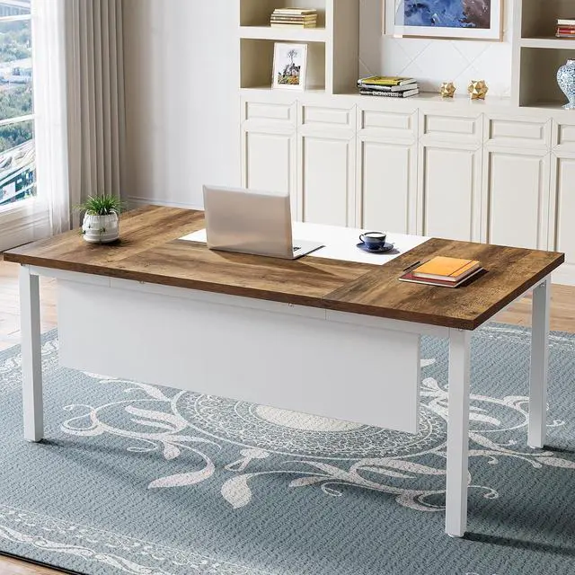 Alt view image 3 of 7 - Tribesigns 63 inches Executive Computer Desk, Large Home Office Desk Writing Table for Workstation, Cabinet not Included (Rustic&White, 63-inch)