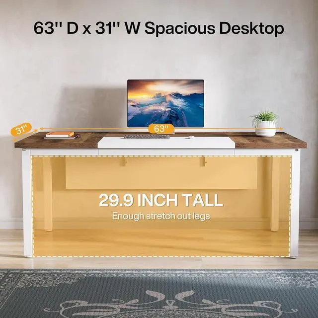Alt view image 5 of 7 - Tribesigns 63 inches Executive Computer Desk, Large Home Office Desk Writing Table for Workstation, Cabinet not Included (Rustic&White, 63-inch)