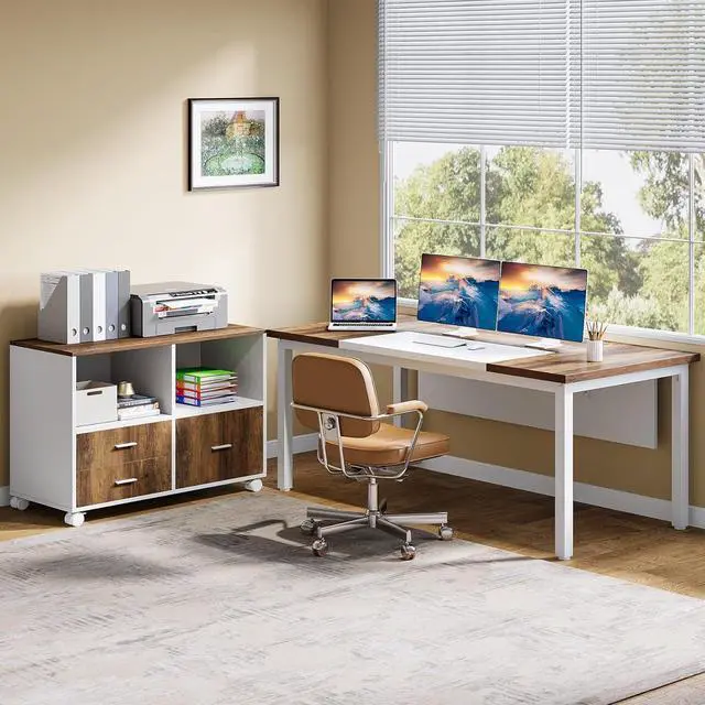 Alt view image 6 of 7 - Tribesigns 63 inches Executive Computer Desk, Large Home Office Desk Writing Table for Workstation, Cabinet not Included (Rustic&White, 63-inch)