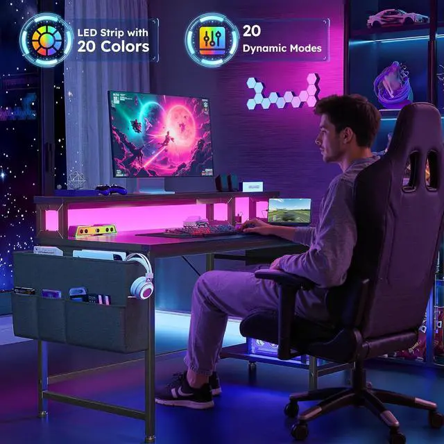 Alt view image 2 of 7 - 40" Gaming Desk with Drawers&Storage Bag, Computer Desk with Power Outlets and LED Lights, Office Desk with Monitor Stand for Bedroom Gaming Room, Study Work Home Office, Small Spaces, Black