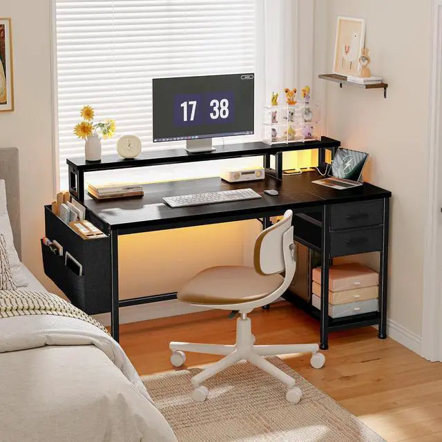 Alt view image 3 of 7 - 40" Gaming Desk with Drawers&Storage Bag, Computer Desk with Power Outlets and LED Lights, Office Desk with Monitor Stand for Bedroom Gaming Room, Study Work Home Office, Small Spaces, Black
