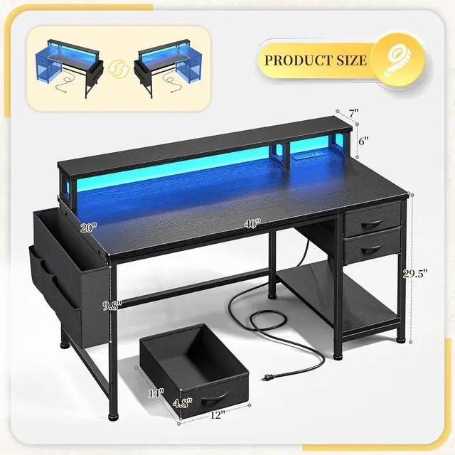 Alt view image 4 of 7 - 40" Gaming Desk with Drawers&Storage Bag, Computer Desk with Power Outlets and LED Lights, Office Desk with Monitor Stand for Bedroom Gaming Room, Study Work Home Office, Small Spaces, Black