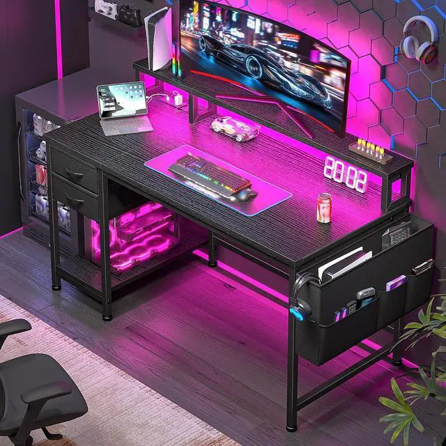 Alt view image 5 of 7 - 40" Gaming Desk with Drawers&Storage Bag, Computer Desk with Power Outlets and LED Lights, Office Desk with Monitor Stand for Bedroom Gaming Room, Study Work Home Office, Small Spaces, Black